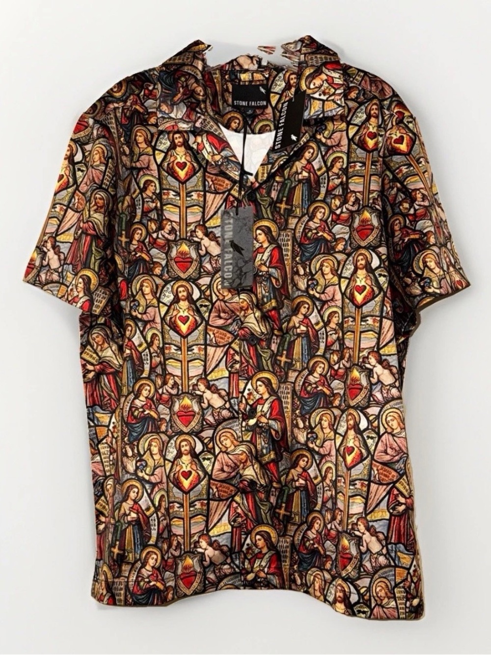 Stone Falcon Jesus Sacred Heart Short Sleeve Button-Up Satin Shirt Men's Size S